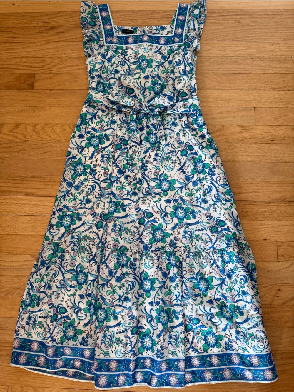 Talbots Size 2 Floral Cotton Maxi Dress Square Neck Sleeveless Blue White